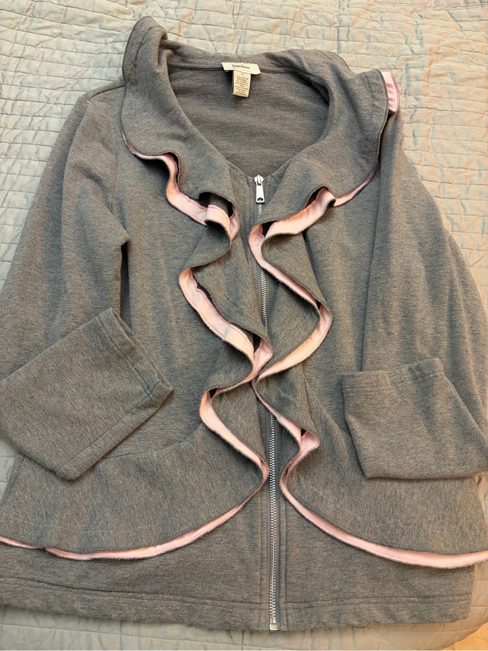 Neiman Marcus Gray Jacket with Pink Ruffle Trim